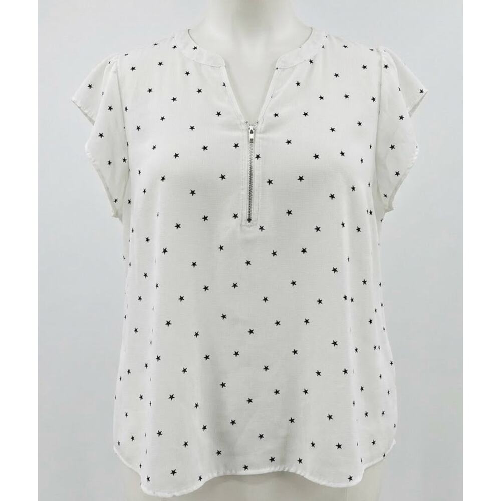 Perch By Blu Pepper Womens Blouse Size 3XL White Black Star Print Flutter Sleeve